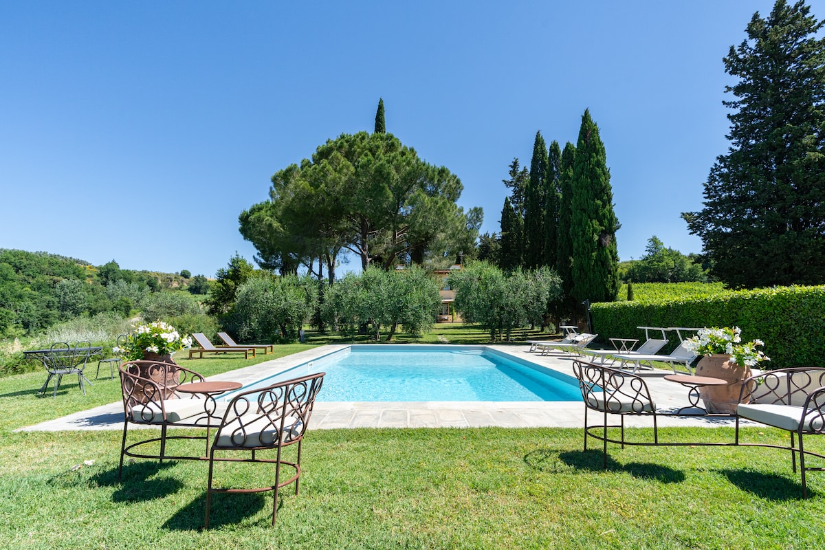 The pool at Villa Barilli, framed by cypress trees and olive groves